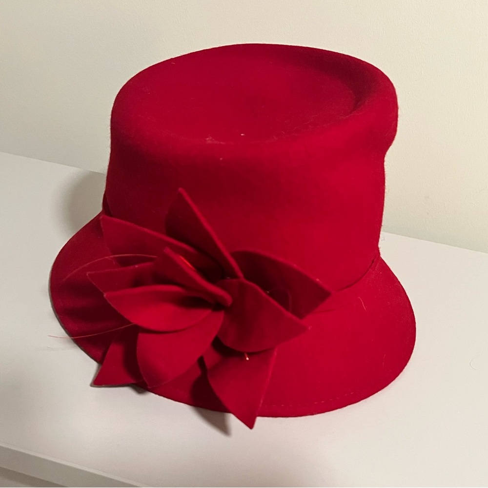 Vintage Red Wool Women's Hat with Flower Accent by John Lewis